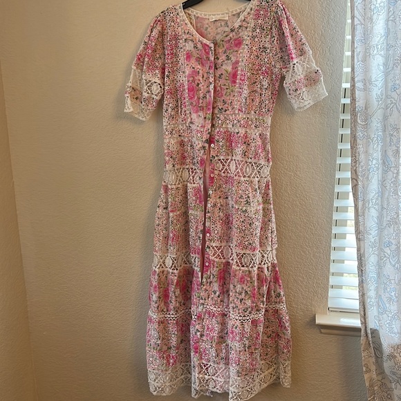 LoveShackFancy Pink Magenta Floral Eyelet Carlie Victorian Midi Dress - Picture 4 of 10